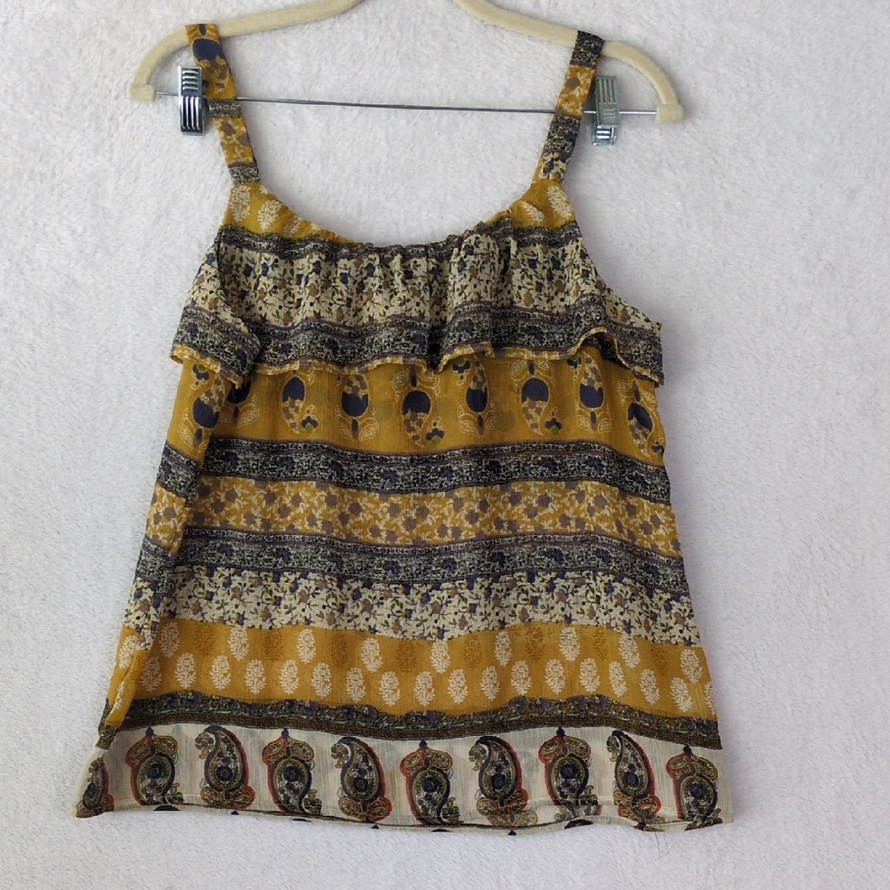 D'closet Women's Gold Paisley Sheer‎ Boho Tank Top Size M